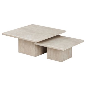 In elkaar schuifbare salontafel met designafwerking, blad van kunstmarmer en beige MDF-poten. B.80/60 x D.80/60 x H.35,5/28 cm. Collectie DEBRA.