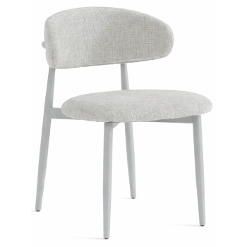 Design eetkamerstoel met crèmekleurige stoffen bekleding en witte stalen poten, B.57 x D.50 x H.78 cm, LUNO collectie