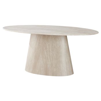Ovale design eettafel met blad van kunstmarmer en beige MDF-poten, L.200 x B.100 x H.76 cm, DEBRA collectie