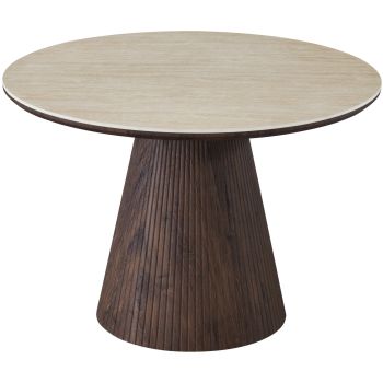 Ronde design eettafel met travertin keramisch blad en MDF-poten met walnootlook, 120 x 76 cm, SOHO-collectie
