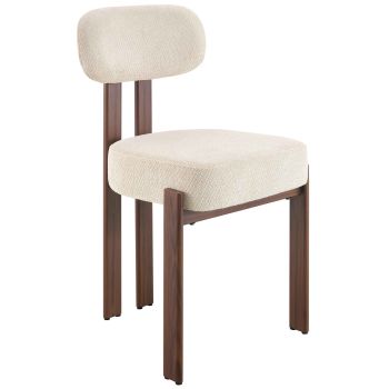 Design eetkamerstoel met beige stoffen bekleding en zwarte stalen poten, B49 x D53 x H83 cm, AMBER collectie