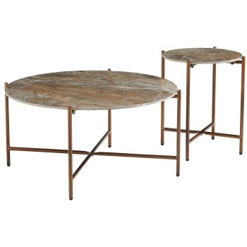 Ronde, in elkaar schuifbare salontafel met keramisch blad en bruine stalen poten, D.90/45 x H.45,5/55,5 cm, SANTIAGO collectie