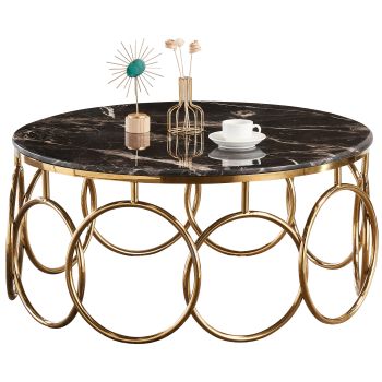 Design salontafel van goudkleurig staal met een zwart blad van kunstmarmer. Afmetingen: B 100 x D 100 x H 45 cm. BRUNO collectie