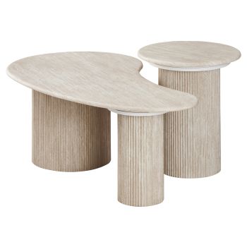 In elkaar schuifbare salontafel met designafwerking, blad van kunstmarmer en beige MDF-poten. L.120 x D.70 x H.45 / D.50 x H.55 cm. Collectie DEBRA.