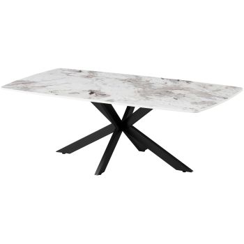 Design salontafel met krasbestendig wit en beige keramisch blad en zwarte metalen poten, L.130 x D.70 x H.45 cm, ONTARIO collectie