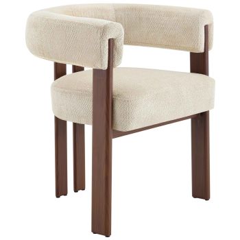 Design eetkamerstoel met beige stoffen bekleding en stalen poten met walnootlook, B.66 x D.56 x H.76 cm, MIMOSA collectie