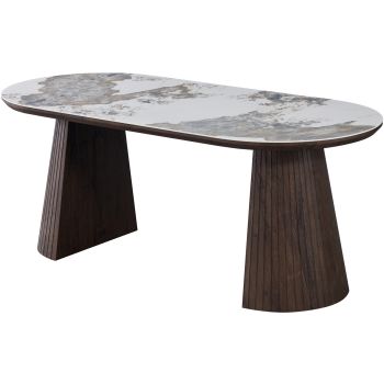 Ovale design eettafel met travertin keramisch blad en MDF-poten met walnootlook, L.200 x B.90 x H.76 cm, MAYFAIR collectie