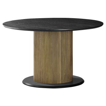 Ronde design eettafel met een zwart-goud gefineerd MDF-blad en poten, diameter 130 x hoogte 76 cm, FLORA collectie