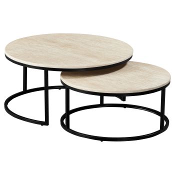 Ronde, in elkaar schuifbare salontafel met een designblad van kunstmarmer en stalen poten in beige en zwart, D.85/70 x H.40/32 cm, MARJA collectie