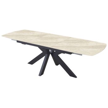 Uitschuifbare design eettafel met een beige blad van gesinterd steen en zwarte stalen poten. L.180-240 x D.90 x H.76 cm, AMIRA collectie