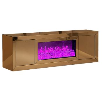 Design tv-meubel met geïntegreerde kunstmatige open haard, gemaakt van MDF-hout en bronzen spiegel, B200 x D40 x H60 cm, MAYA collectie