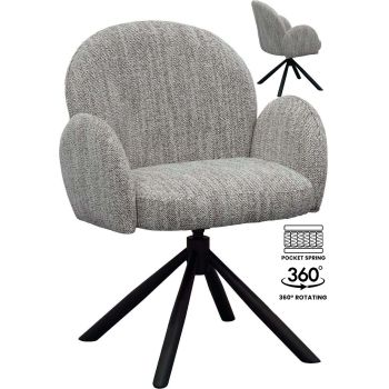 Design eetkamerstoel met 360° draaifunctie, zwarte stoffen bekleding en zwart stalen onderstel met pocketveren. B 66 x D 62 x H 83,5 cm. SARAHA collectie