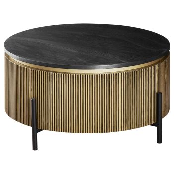 Design salontafel met blad van MDF-fineer en zwart-gouden stalen poten, d. 90 x h. 43 cm, GUSTA collectie