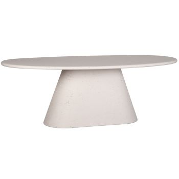 Ovale design eettafel van MDF-hout en beige microcement, afmetingen L.220 x D.110 x H.76 cm, AOSTA collectie.