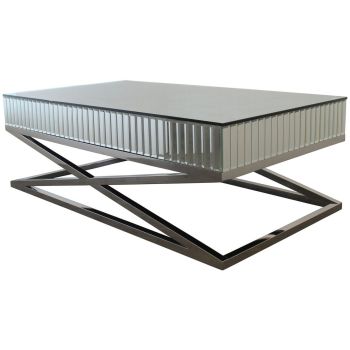 Design salontafel met spiegelend blad en rand, en een gepolijst roestvrijstalen kruisvormig onderstel. L. 130 x D. 70 x H. 40 cm. GALA collectie.