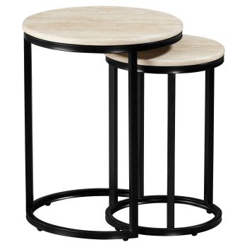 Ronde, in elkaar schuifbare salontafel met een designblad van kunstmarmer en stalen poten in beige en zwart, D.45/34 x H.57/50 cm, MARJA collectie
