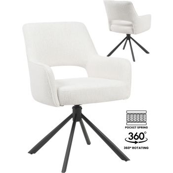 Design eetkamerstoel met 360° draaifunctie, beige stoffen bekleding en zwart stalen onderstel met pocketveren. B 73 x D 58 x H 62 cm. SAMOS collectie.