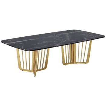 Design salontafel met zwart kunstmarmeren blad en gouden stalen onderstel. B 140 x D 72 x H 45 cm. FASTRO collectie