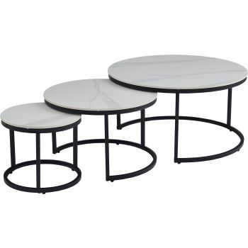Ronde, in elkaar schuifbare salontafel met keramisch blad en witte stalen poten. Afmetingen: D.80/60/40 x H.42,5/38,5/34,5 cm. Collectie MARTA.
