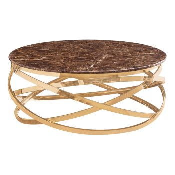 Ronde design salontafel met gepolijste gouden roestvrijstalen voet en bruin kunstmarmeren blad, L. 100 x H. 43 cm, ENRICO collectie