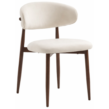 Design eetkamerstoel met beige stoffen bekleding en stalen poten met walnootlook, B.57 x D.50 x H.78 cm, LUNO collectie