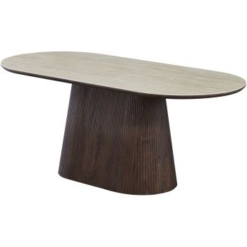 Ovale design eettafel met travertin keramisch blad en MDF-poten met walnootlook, L.200 x B.90 x H.76 cm, SOHO collectie