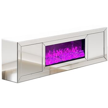 Design tv-meubel met geïntegreerde kunstmatige open haard, gemaakt van MDF-hout en zilverkleurige spiegel, B200 x D40 x H60 cm, MAYA collectie