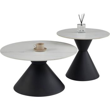 Ronde, in elkaar schuifbare salontafel met een wit keramisch blad en zwarte stalen poten, D.80/60 x H.42,5/52 cm, PABLO collectie
