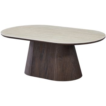Ovale design salontafel met travertin keramisch blad en MDF-poten met walnootlook, L.130 x D.70 x H.45 cm, SOHO collectie