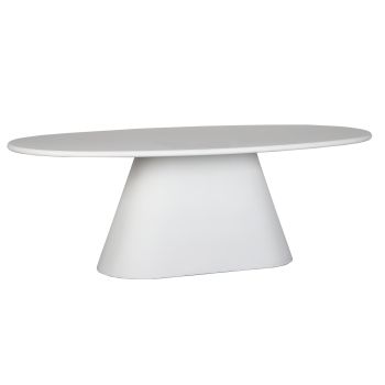 Ovale design eettafel van MDF-hout en wit microcement, afmetingen L.220 x D.110 x H.76 cm, AOSTA collectie.