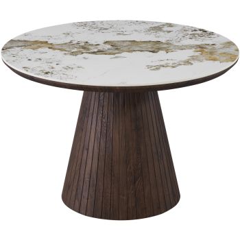 Ronde design eettafel met travertin keramisch blad en MDF-poten met walnootlook, 120 x 76 cm, MAYFAIR collectie