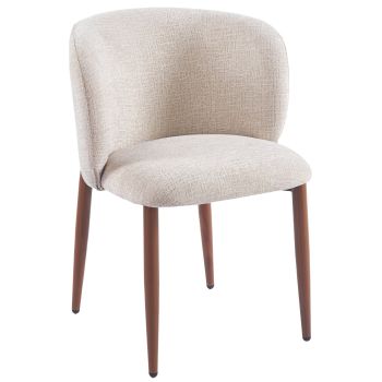 Design eetkamerstoel met beige stoffen bekleding en stalen poten met walnootlook, B.61 x D.61 x H.82 cm, CAPRI collectie