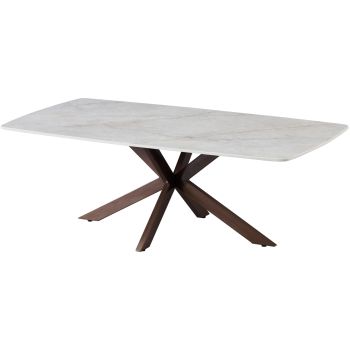 Design salontafel met krasbestendig wit keramisch blad en metalen poten met walnootlook, L.130 x D.70 x H.45 cm, ONTARIO collectie